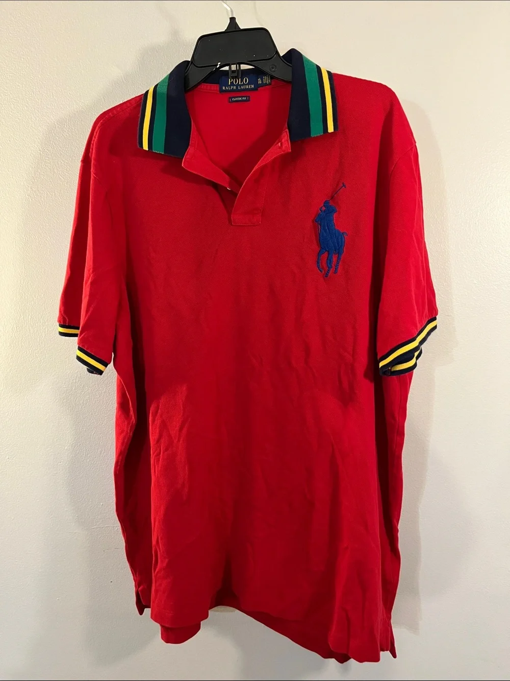 Polo by Ralph Lauren Red Polo with Navy Big Pony and Multi-Stripe Collar